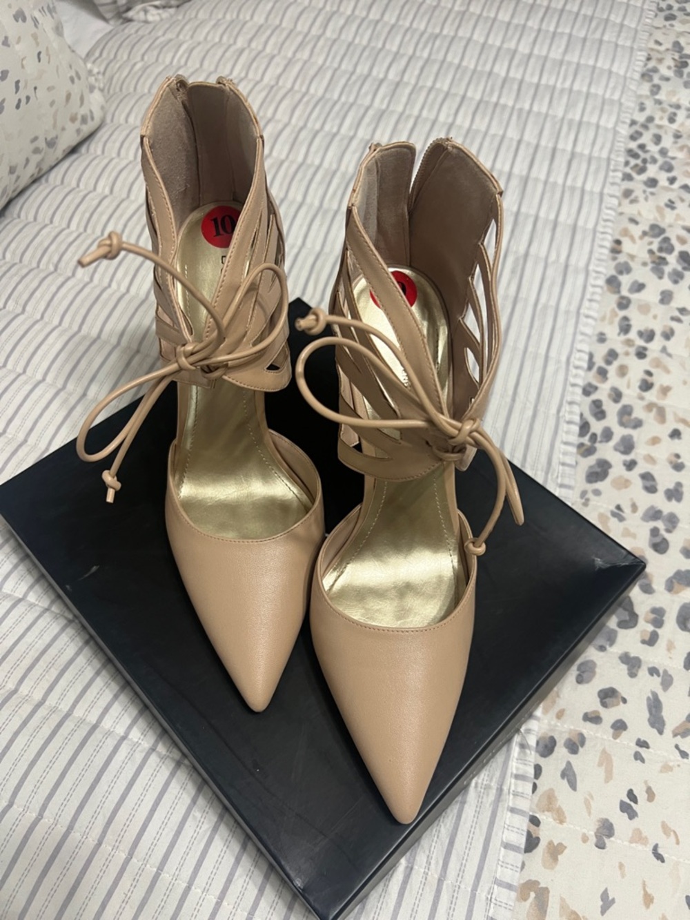 BCBGeneration Nude Lace-Up Cutout Pointed-Toe Heels